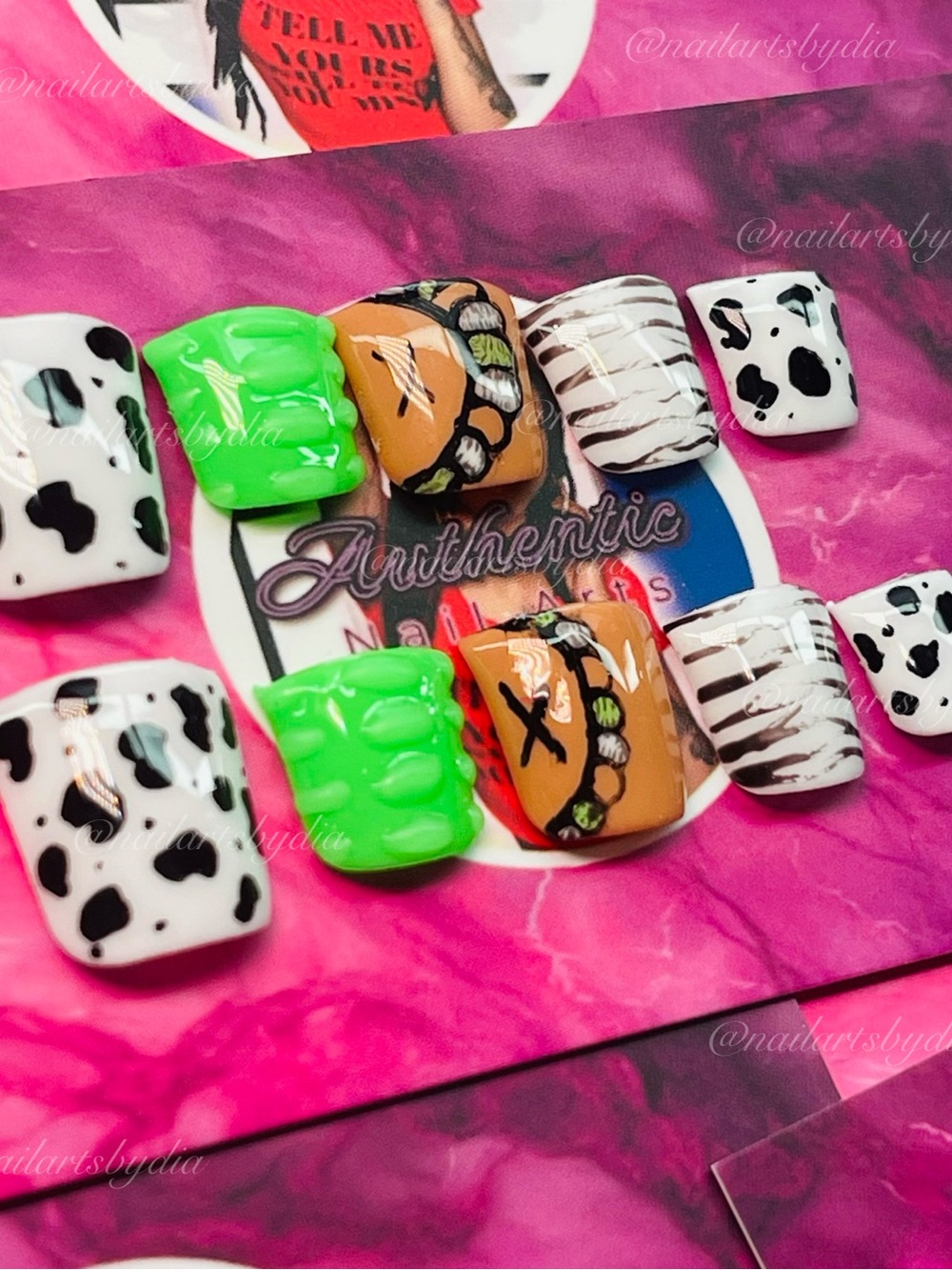 Hand-Painted Press-On Nail Set in Neon Green, Tan & Black-White Prints - Picture 4 of 10